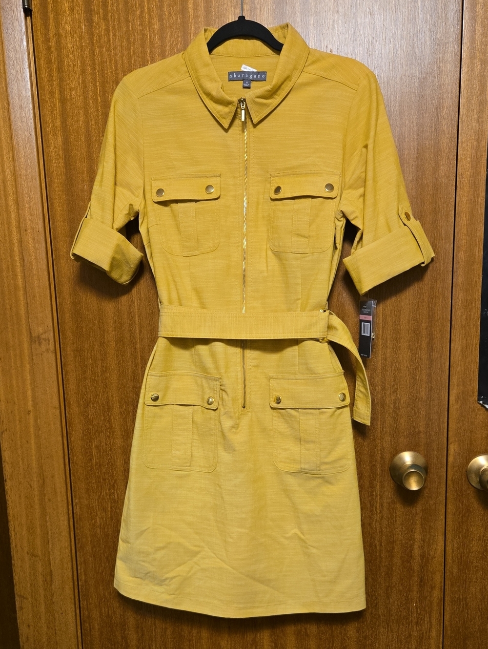 Sharagano New York Mustard Yellow Utility Mini Dress with Belt